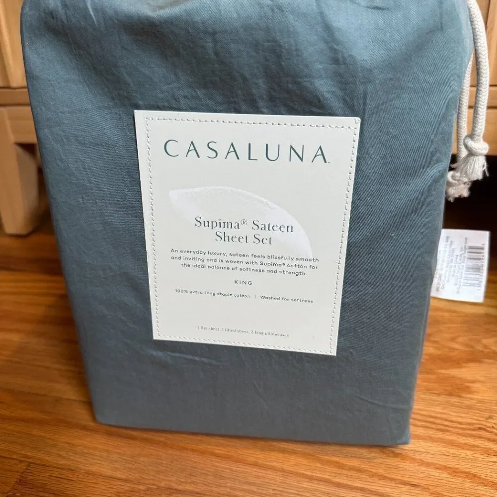 CASALUNA Thread Count Washed Supima Sateen Light Teal Solid Sheet Set NWT king - Picture 6 of 8